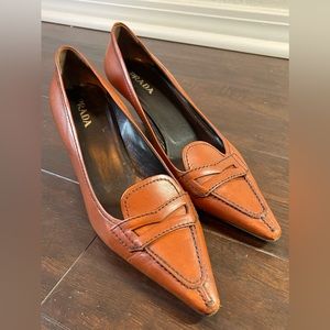 Prada Tobacco Colored Loafer Style with Kitten Heels Size 9